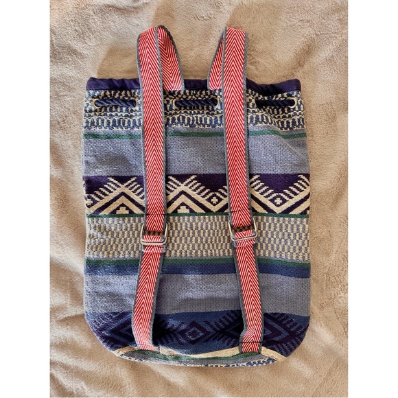 Blue Drawstring Backpack with Striped and Geometric Design - Picture 3 of 4